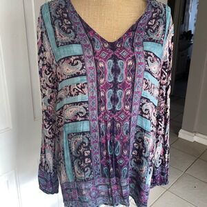 Lucky Brand Boho Paisley Tunic Top V-Neck Teal Purple Romantic Size L Whimsical